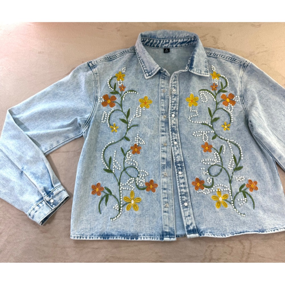 Anewsta Floral Embroidered Pearl Acid Wash Denim Jacket Light Blue Womens Medium